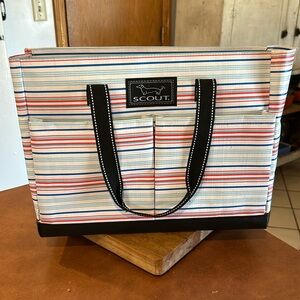 Scout Tote Bag 15 x 12 Red, Blue, light blue, and white stripped.